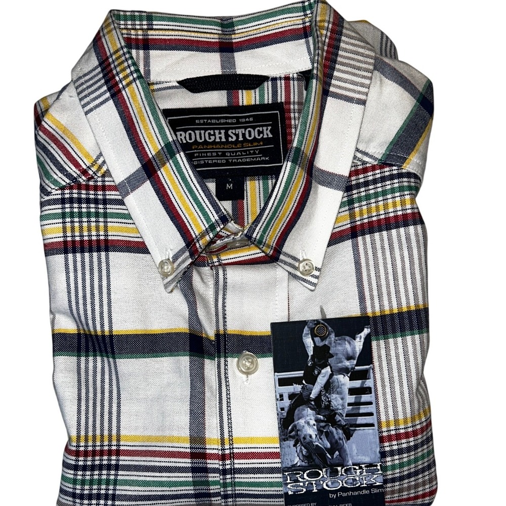 Rough Stock Panhandle Slim Shirt Medium Mens White Plaid Western Button Down NWT